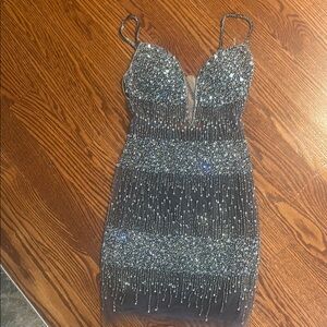 Jovani Glittering Silver Mini Dress